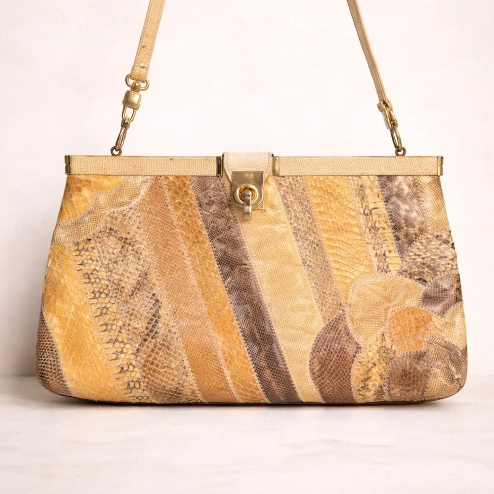 Vintage Snakeskin Patchwork‎ Handbag Gold Frame Exotic Skin Shoulder Bag Tan